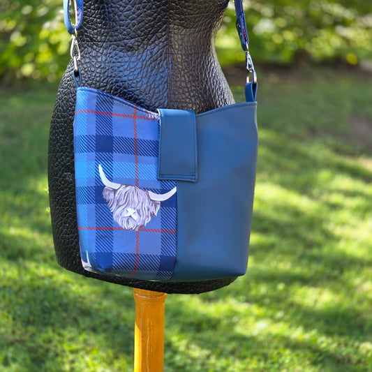Highland Cow Blue Tartan Bucket Bag
