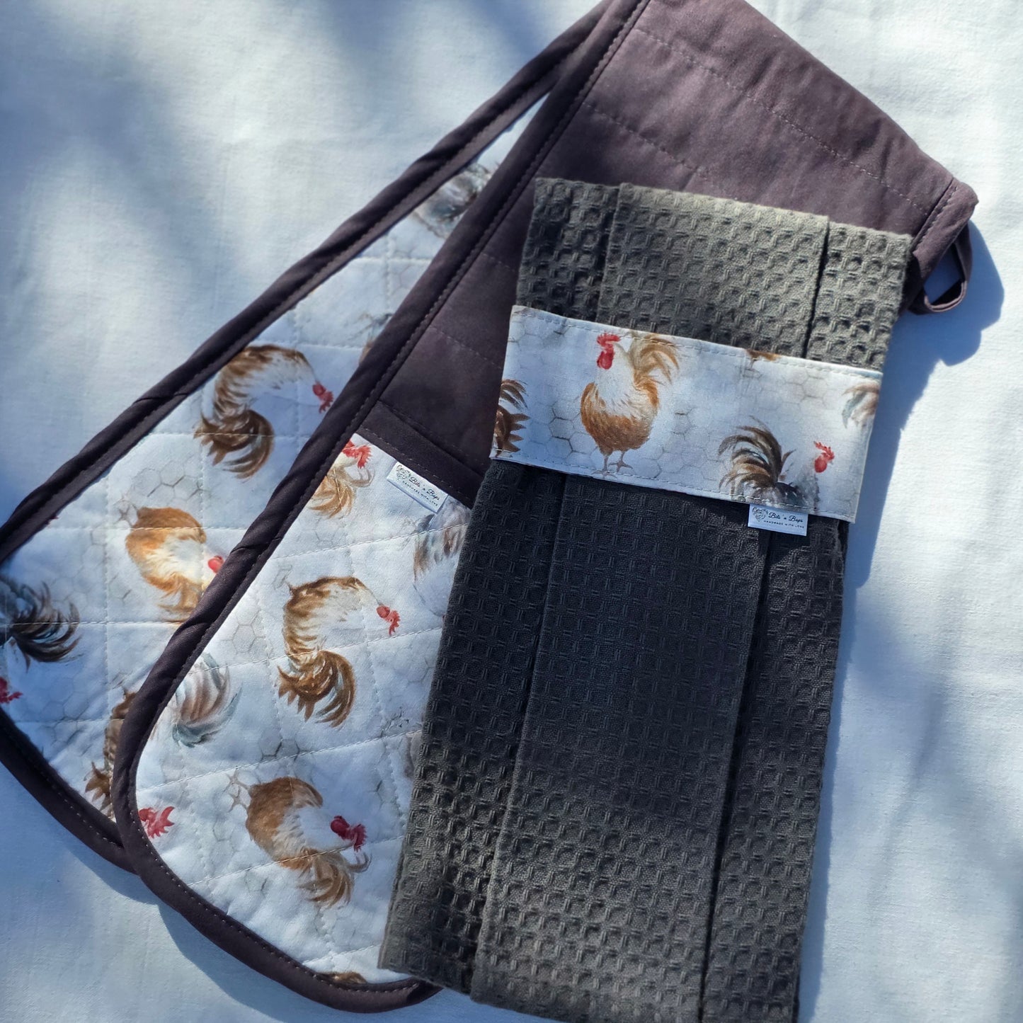 Ovenglove / Dishtowel Set - Dark Grey Chickens