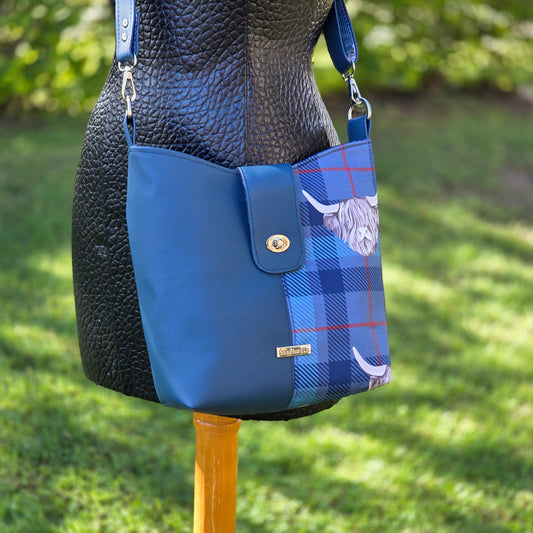 Highland Cow Blue Tartan Bucket Bag